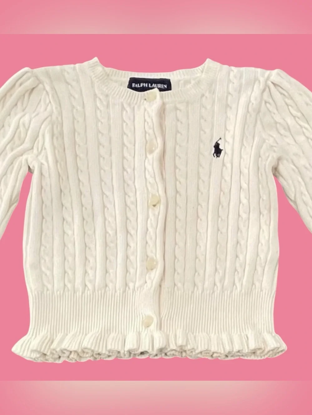 Ralph Lauren Size 24M Girls Off-White Button Front 100% Cotton Cardigan